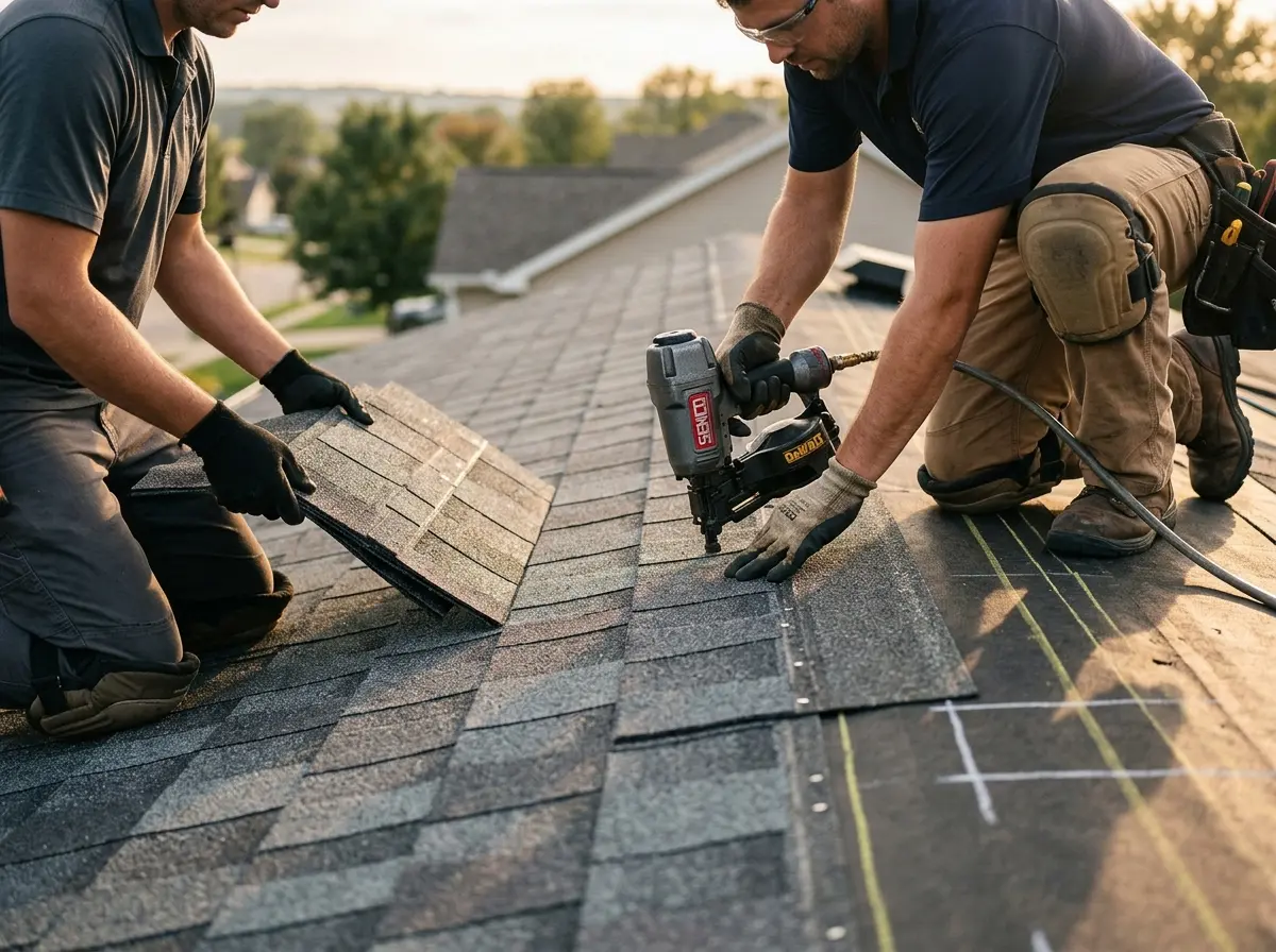 Professional roofer working on a residential roof in Hyrum